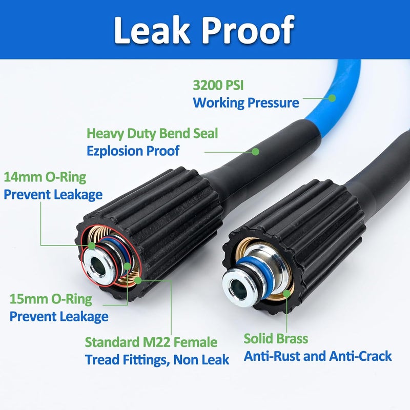 BEAR FORCE Super Flexible Pressure Washer Hose M22 Brass Fitting 32ft 1/4" 3200PSI, Kink Resistant Extension Hose,Power Washer Hose Replacement for Ryobi, Troy Bilt, Greenworks, CRAFTSMAN Most Brand Power Washer - Image 5